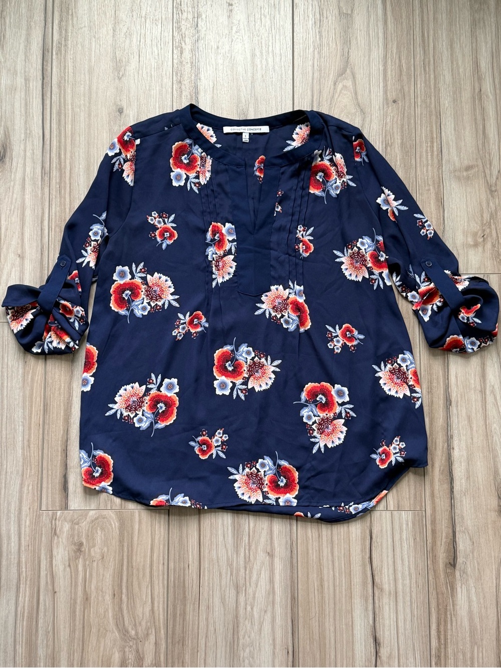 Collective Concepts Navy Floral Pintuck V-Notch Blouse